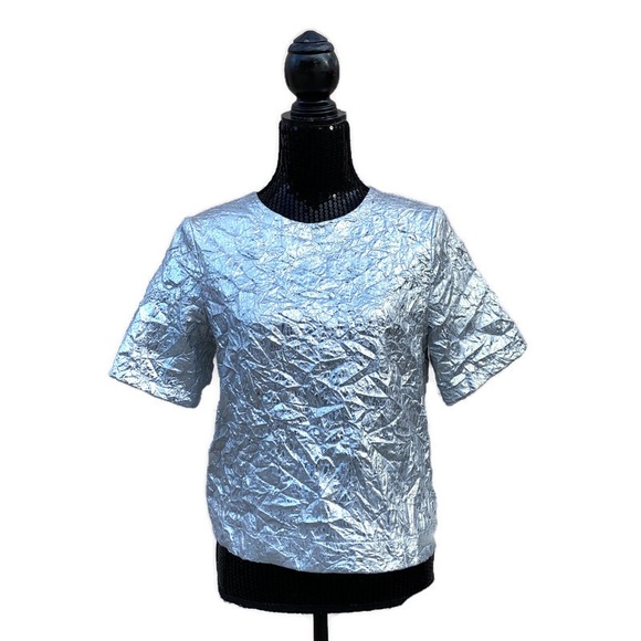 Topshop Tops - Topshop Metallic Silver Crinkle Short Sleeve Shirt